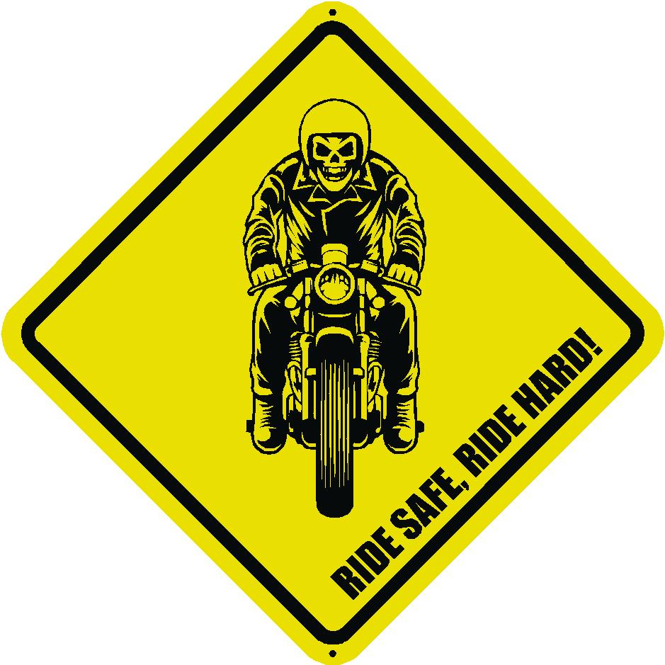 Skeleton Biker Sign - Yellow steel sign with black lettering - 24/7 Sign